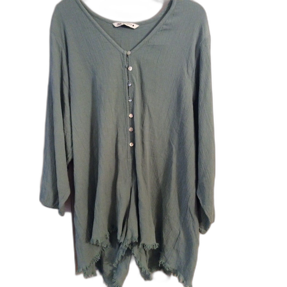 Zara Small S Green Oversize Romper boho Womens Linen blend
